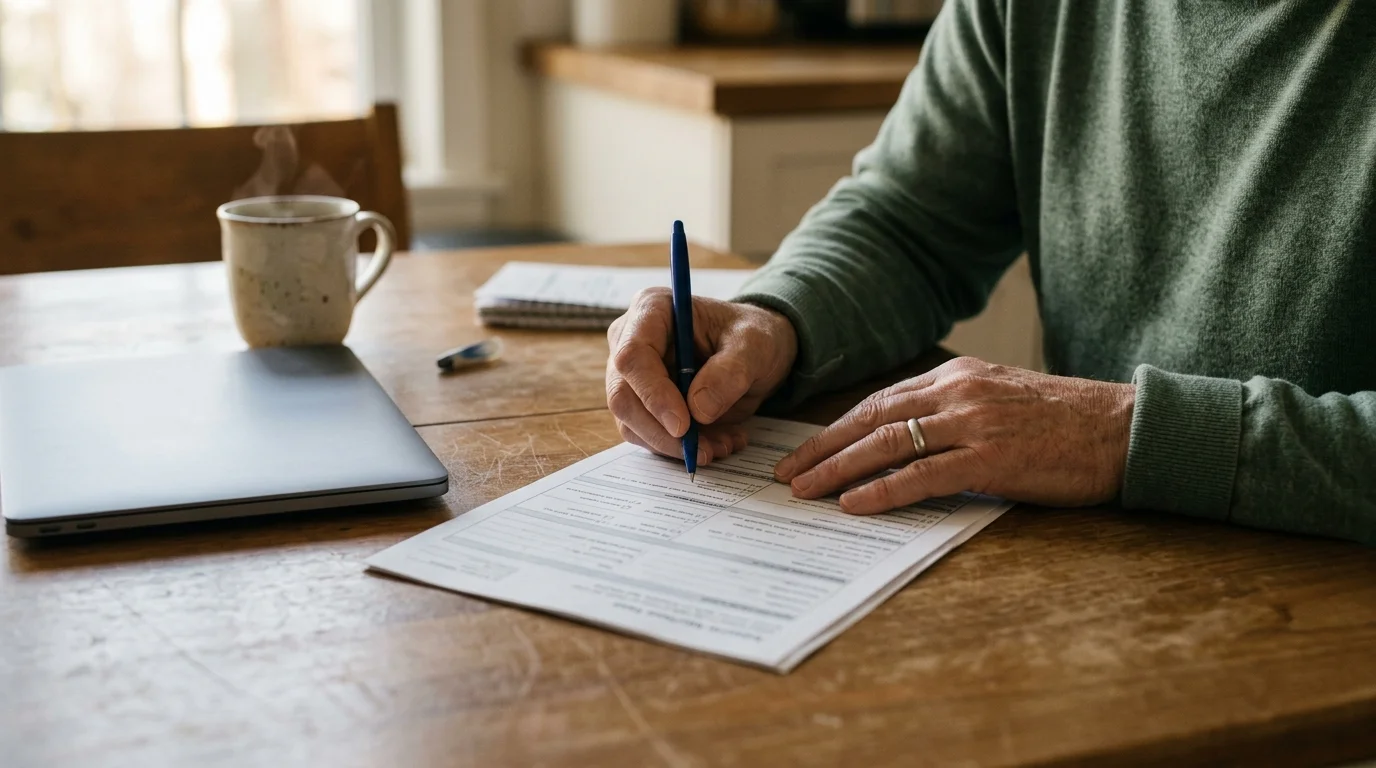 A person calmly filling in a form at a kitchen table