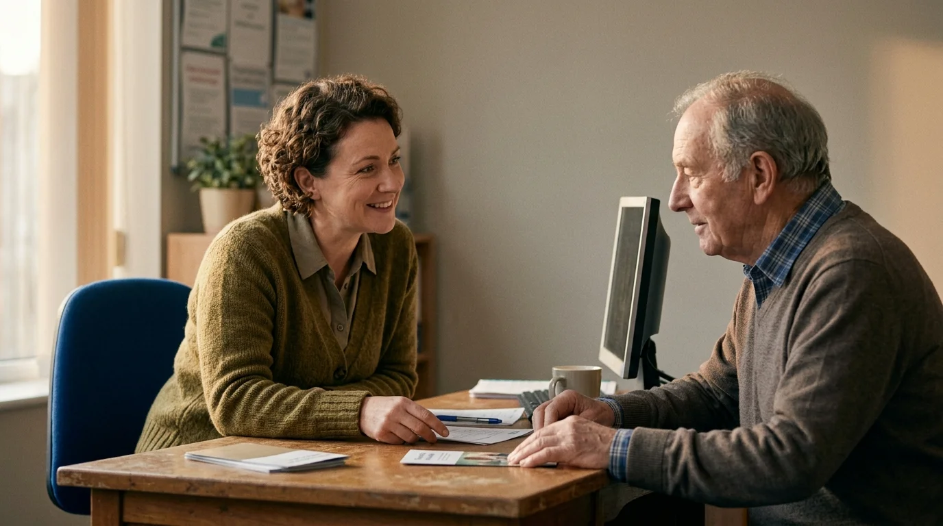 A community adviser helping a visitor at a welcoming desk