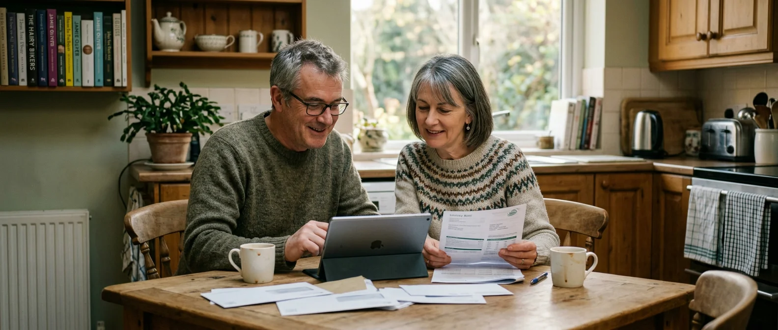 A couple going through household paperwork together at home
