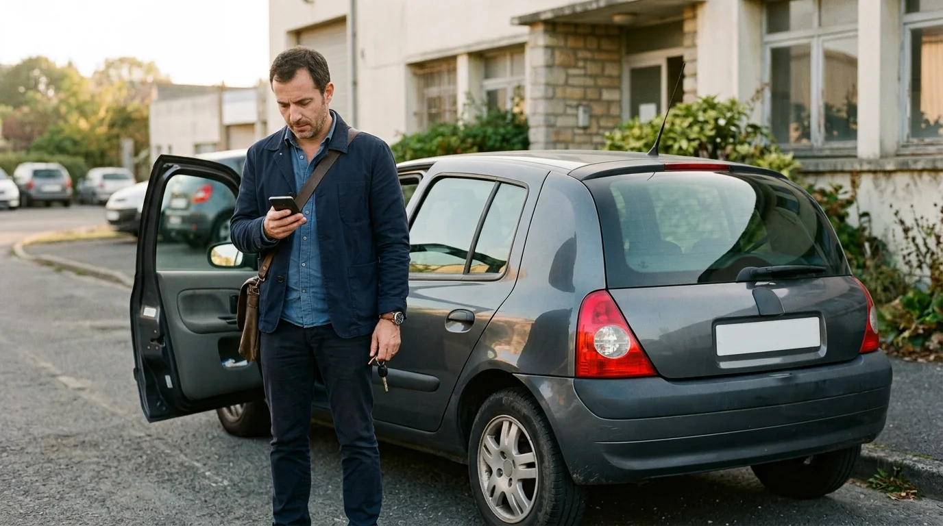 Un travailleur vérifie une information sur son téléphone près de sa voiture