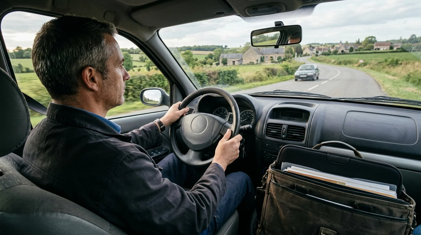 Un professionnel conduit une voiture sur une route régionale entre deux villes