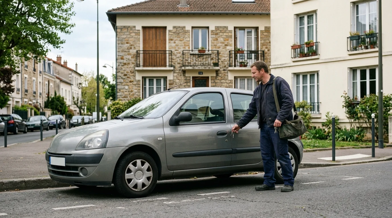 Une voiture compacte ordinaire garée devant un immeuble